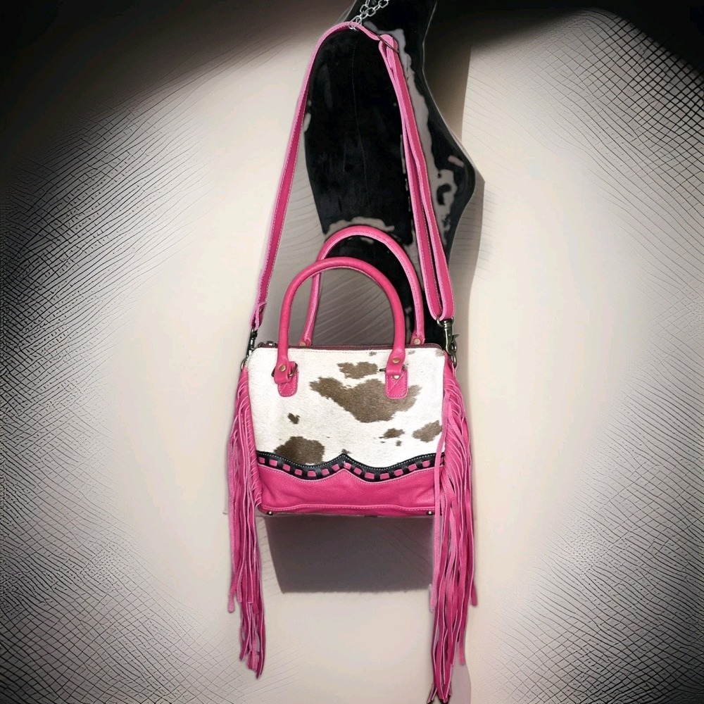 Myra Bag Western Cowhide Leather Fringe Concealed Carry Handbag Pink Letterstone - Picture 1 of 10